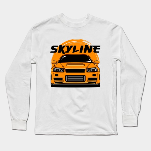 Orange Skyline R34 Long Sleeve T-Shirt by GoldenTuners